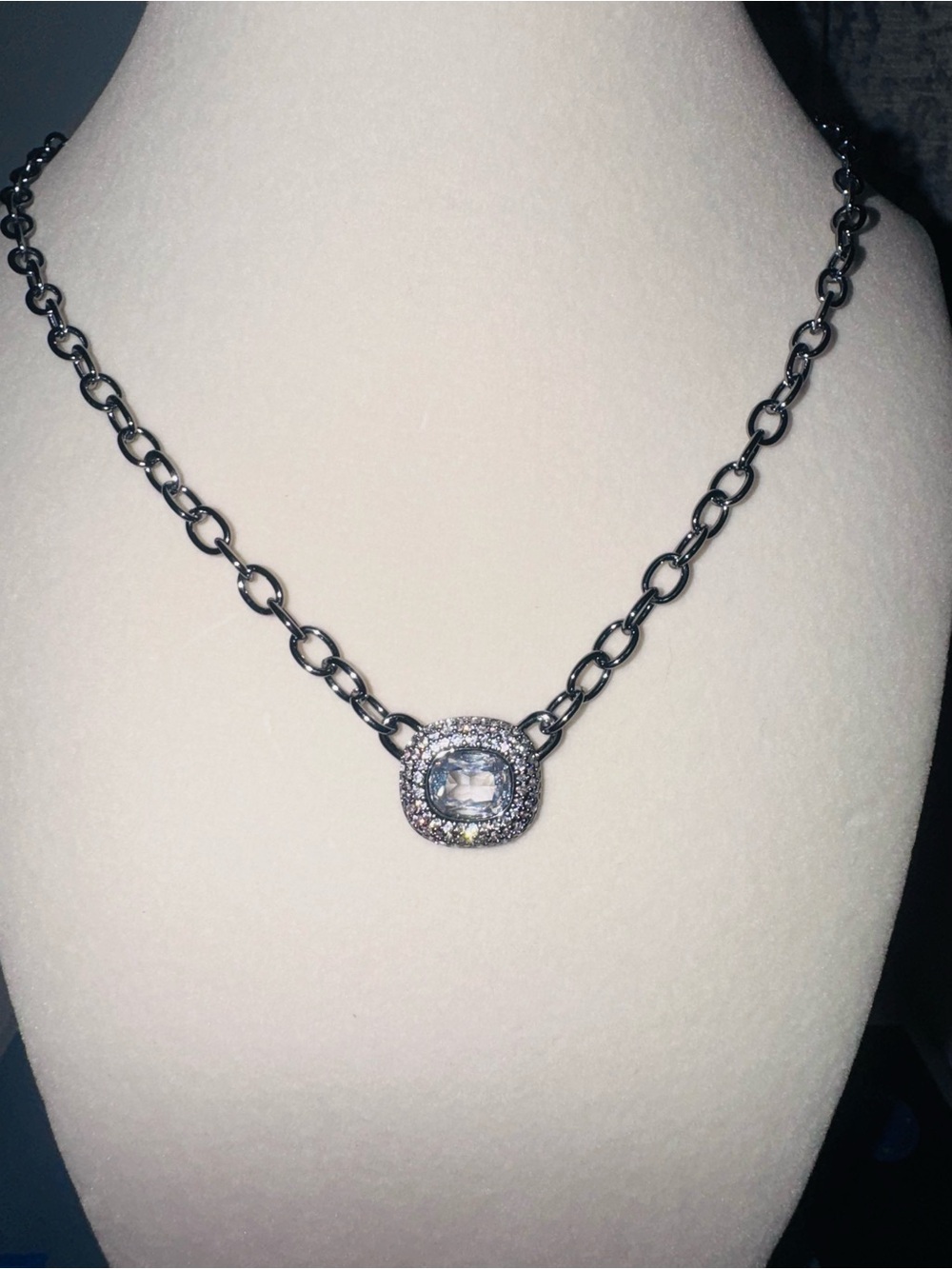 Hematite Chain Necklace with Clear Gemstone Halo Pendant